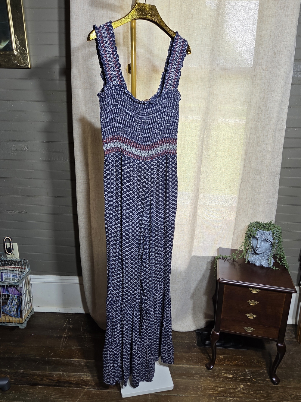 Navy and Pink Smocked Maxi Jumpsuit